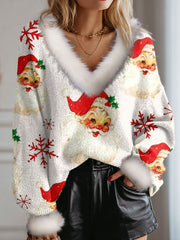 Women's Santa Claus Printed Fleece-Lined V-Neck Top