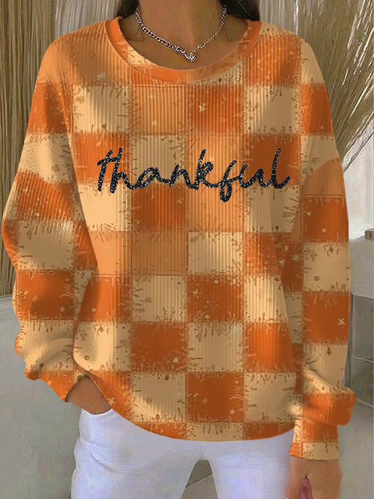 Women's Autumn Thanksgiving Plaid Ribbed Round-Neck Sweatshirt