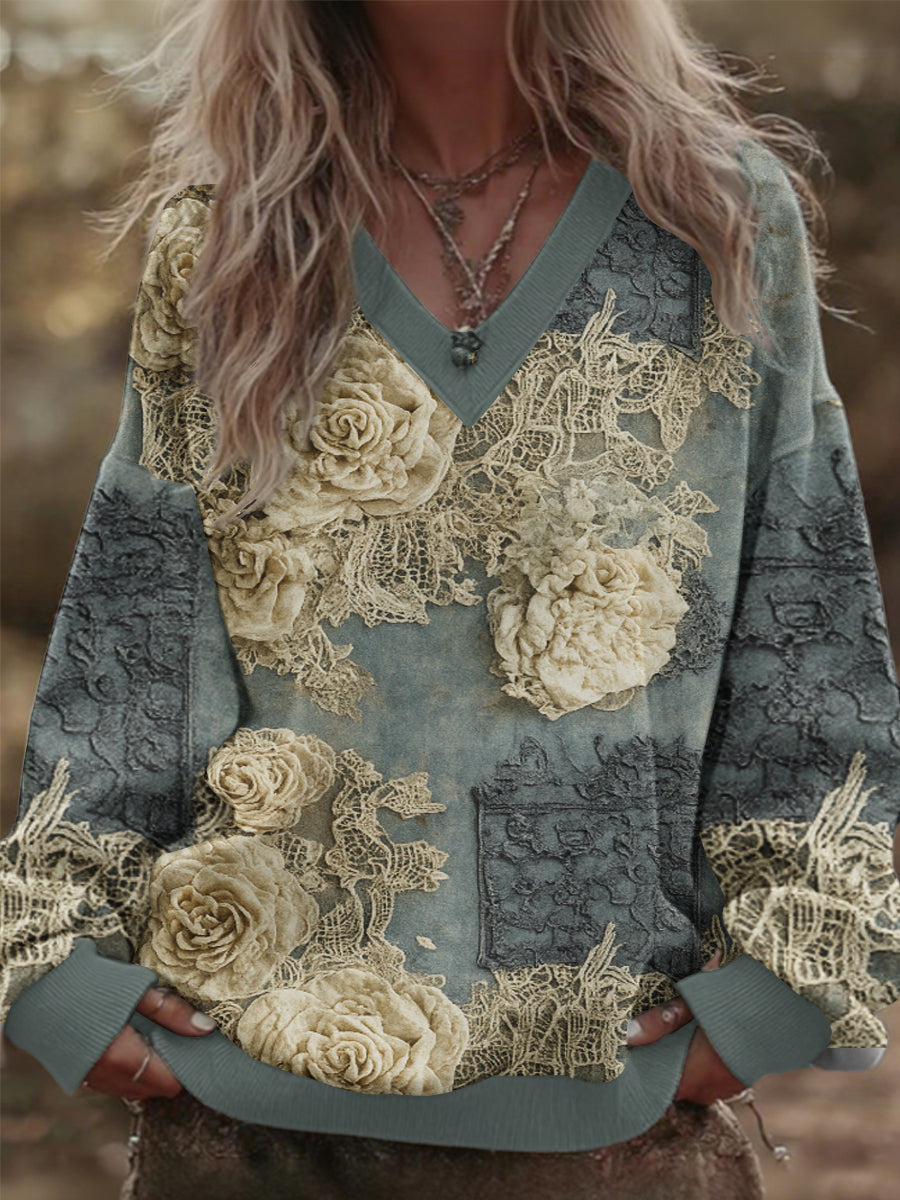 Women's 3D Floral Vintage Patchwork V-Neck Sweatshirt