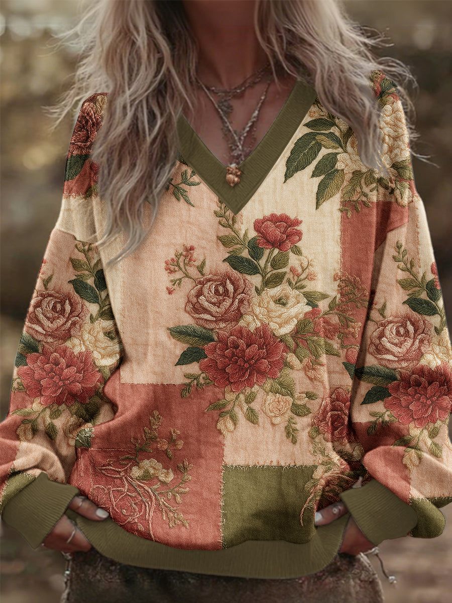 Women's 3D Floral Vintage Patchwork V-Neck Sweatshirt