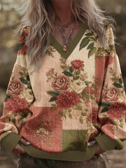 Women's 3D Floral Vintage Patchwork V-Neck Sweatshirt