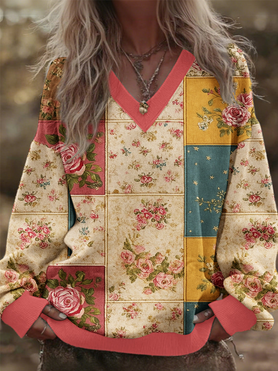 Women's 3D Floral Vintage Patchwork V-Neck Sweatshirt