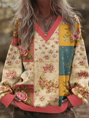 Women's 3D Floral Vintage Patchwork V-Neck Sweatshirt