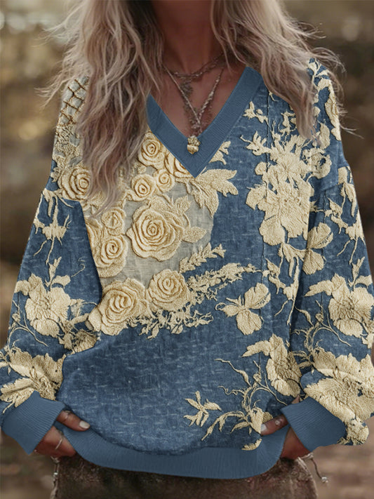 Women's 3D Floral Vintage Patchwork V-Neck Sweatshirt