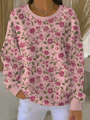 Women's Breast Cancer Awareness Flowers Ribbed Round-Neck Sweatshirt