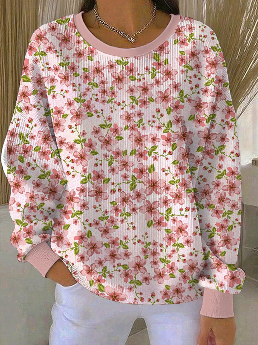 Women's Breast Cancer Awareness Flowers Ribbed Round-Neck Sweatshirt