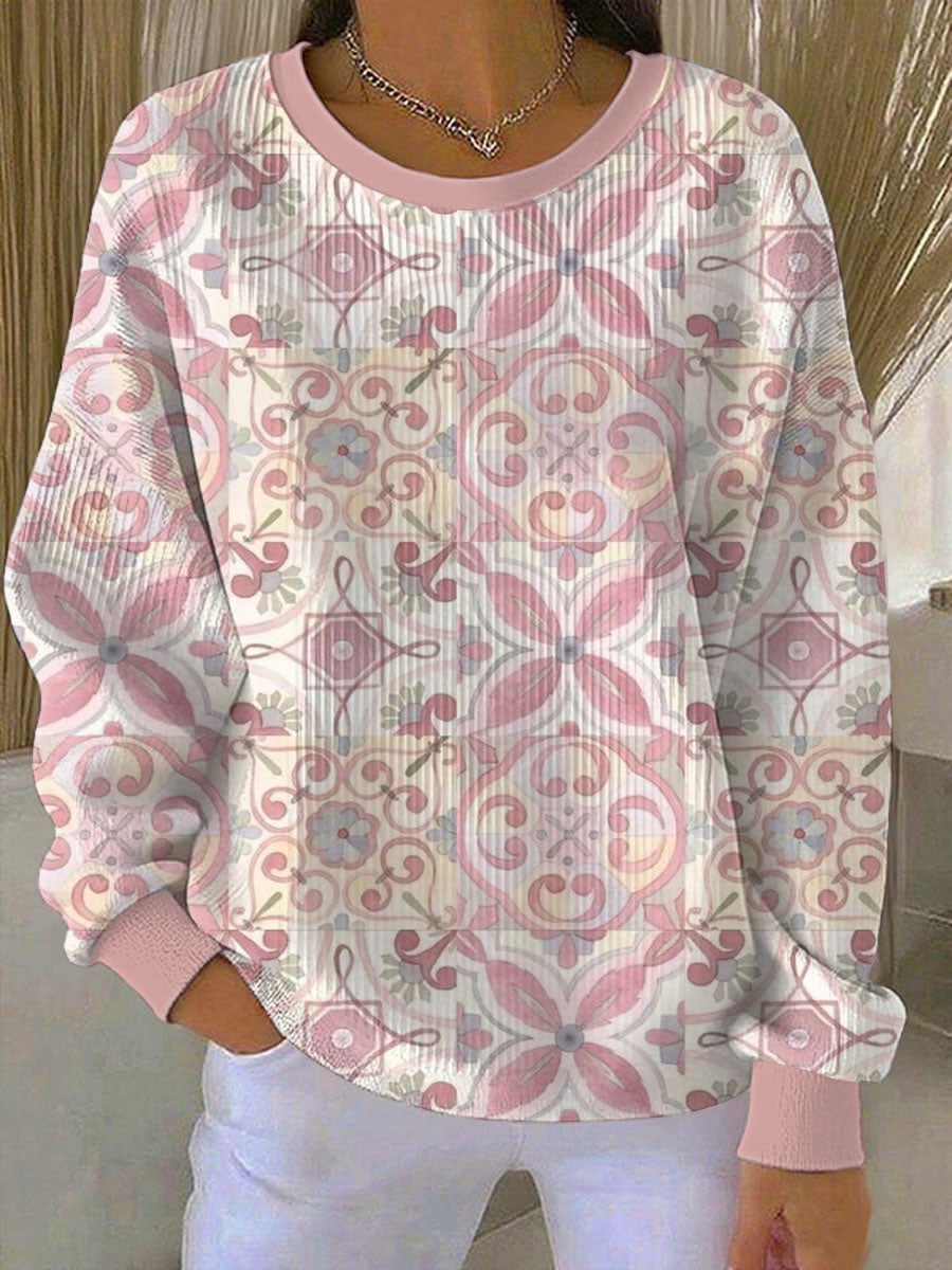 Women's Breast Cancer Awareness Flowers Ribbed Round-Neck Sweatshirt