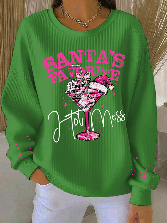 Women's Santa's Favorite Printed Ribbed Round-Neck Sweatshirt