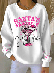 Women's Santa's Favorite Printed Ribbed Round-Neck Sweatshirt