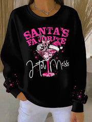 Women's Santa's Favorite Printed Ribbed Round-Neck Sweatshirt
