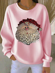 Women's Santa Claus Printed Ribbed Round-Neck Sweatshirt