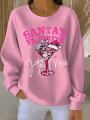 Women's Santa's Favorite Printed Ribbed Round-Neck Sweatshirt