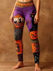 Women's Halloween Black Cat & Pumpkin Patchwork Art Leggings