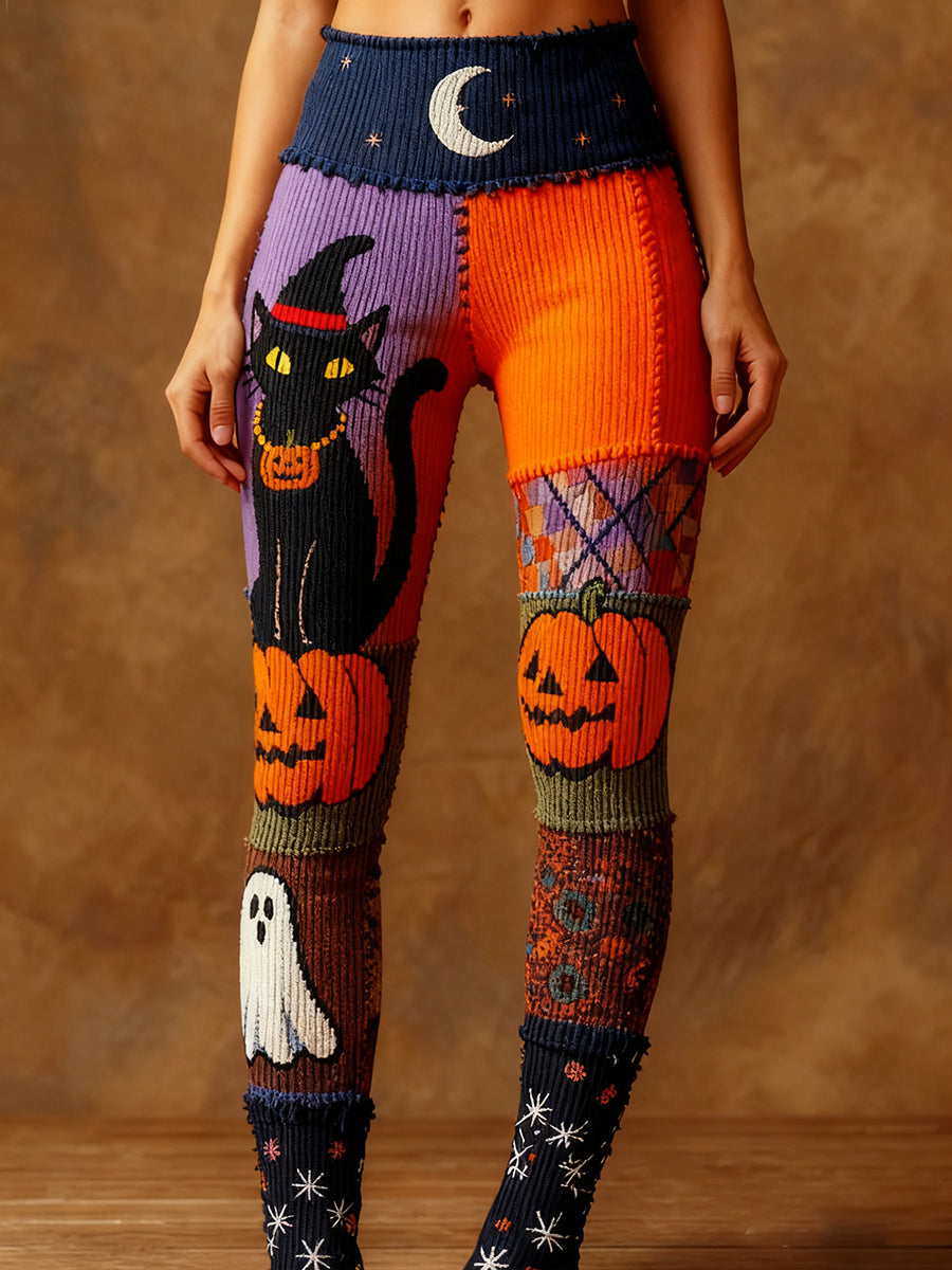 Women's Halloween Black Cat & Pumpkin Patchwork Art Leggings