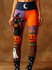 Women's Halloween Black Cat & Pumpkin Patchwork Art Leggings