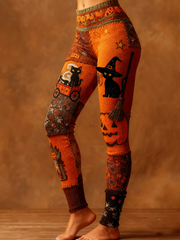 Women's Halloween Black Cat & Pumpkin Patchwork Art Leggings