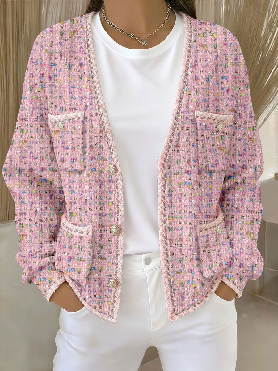 Women's Pink Geometric Print Pocket Cardigans