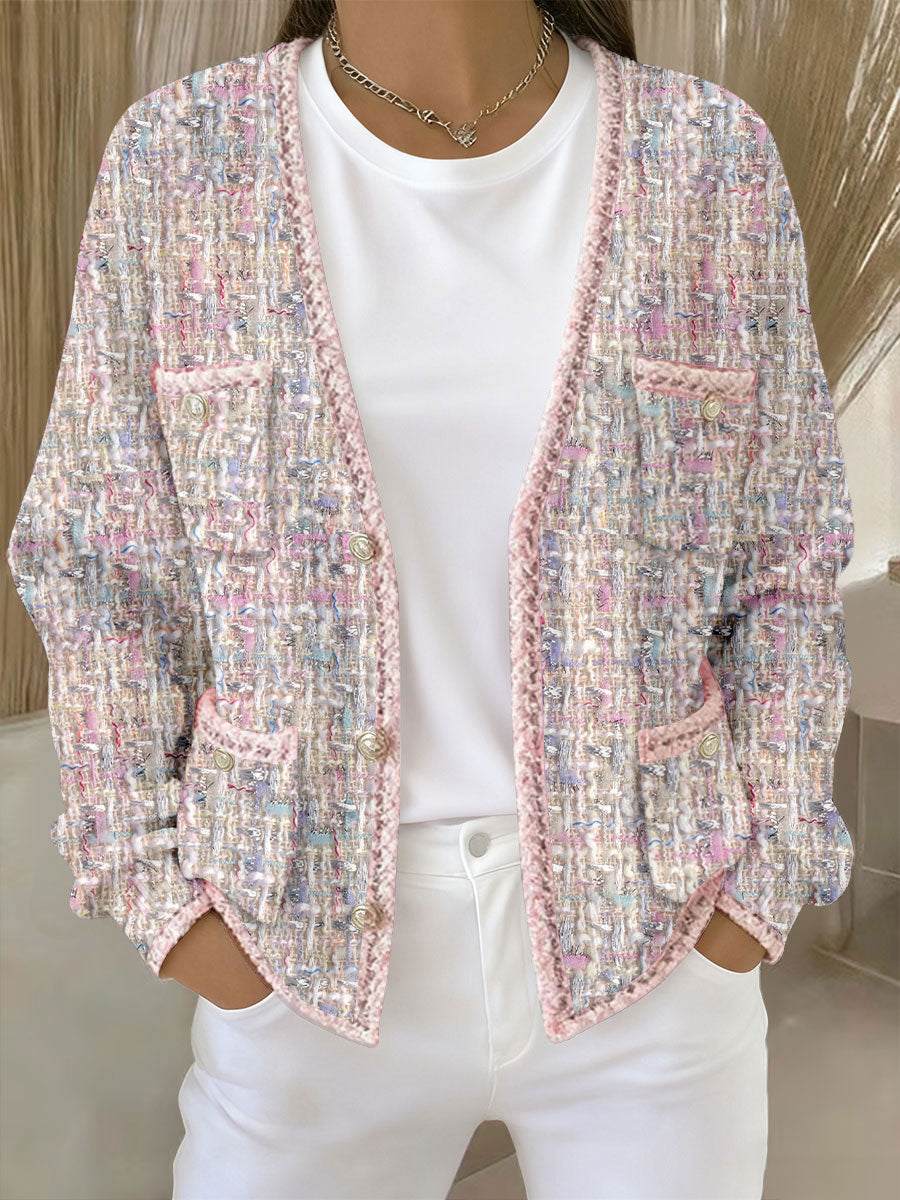 Women's Pink Geometric Print Pocket Cardigans