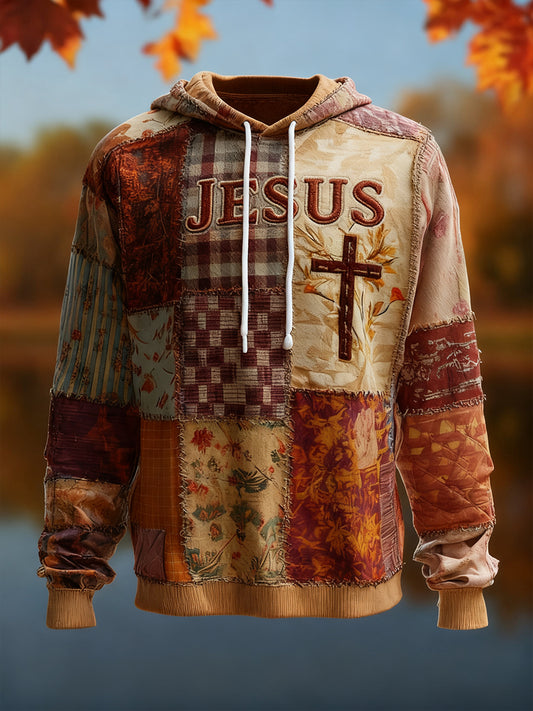 Men's Vintage Faith Cross Art  Oversized Drop-Shoulder Hoodie with Pockets