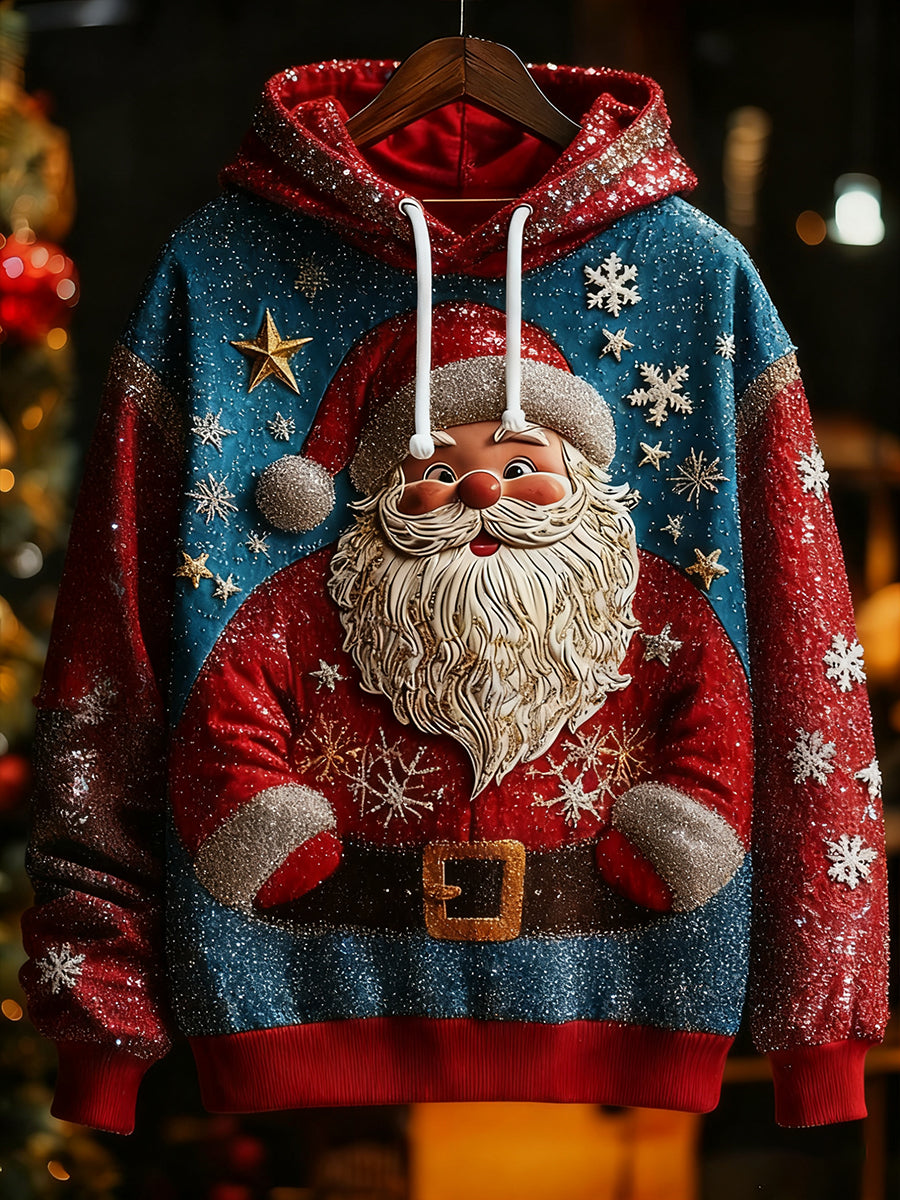 Men's Christmas Santa Claus Snowflakes Art Print Drop-Shoulder Hoodie (No Pockets)