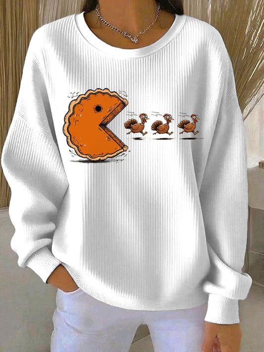 Women's Thanksgiving turkey Printed Ribbed Round-Neck Sweatshirt