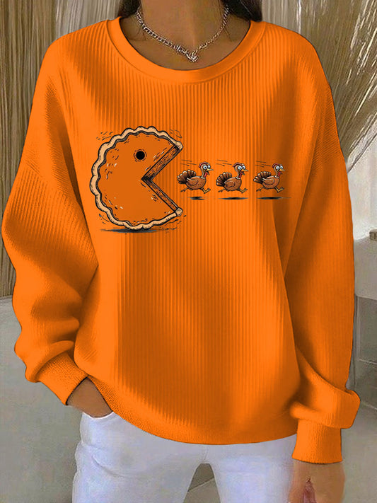 Women's Thanksgiving turkey Printed Ribbed Round-Neck Sweatshirt