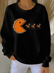 Women's Thanksgiving turkey Printed Ribbed Round-Neck Sweatshirt