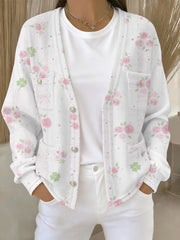 Women's Pink Floral Print Pocket Cardigan