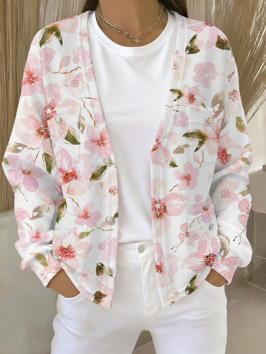 Women's Pink Floral Print Pocket Cardigan