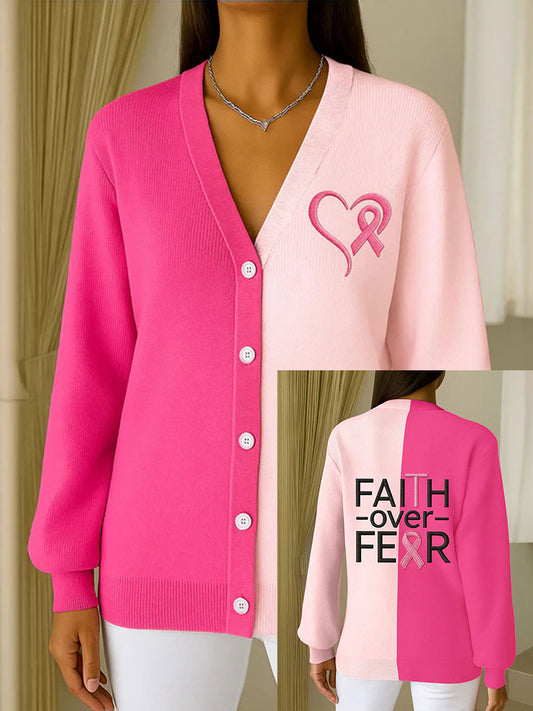 Women's Breast Cancer Awareness Pink Ribbon Print Casual Cardigan