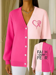 Women's Breast Cancer Awareness Pink Ribbon Print Casual Cardigan
