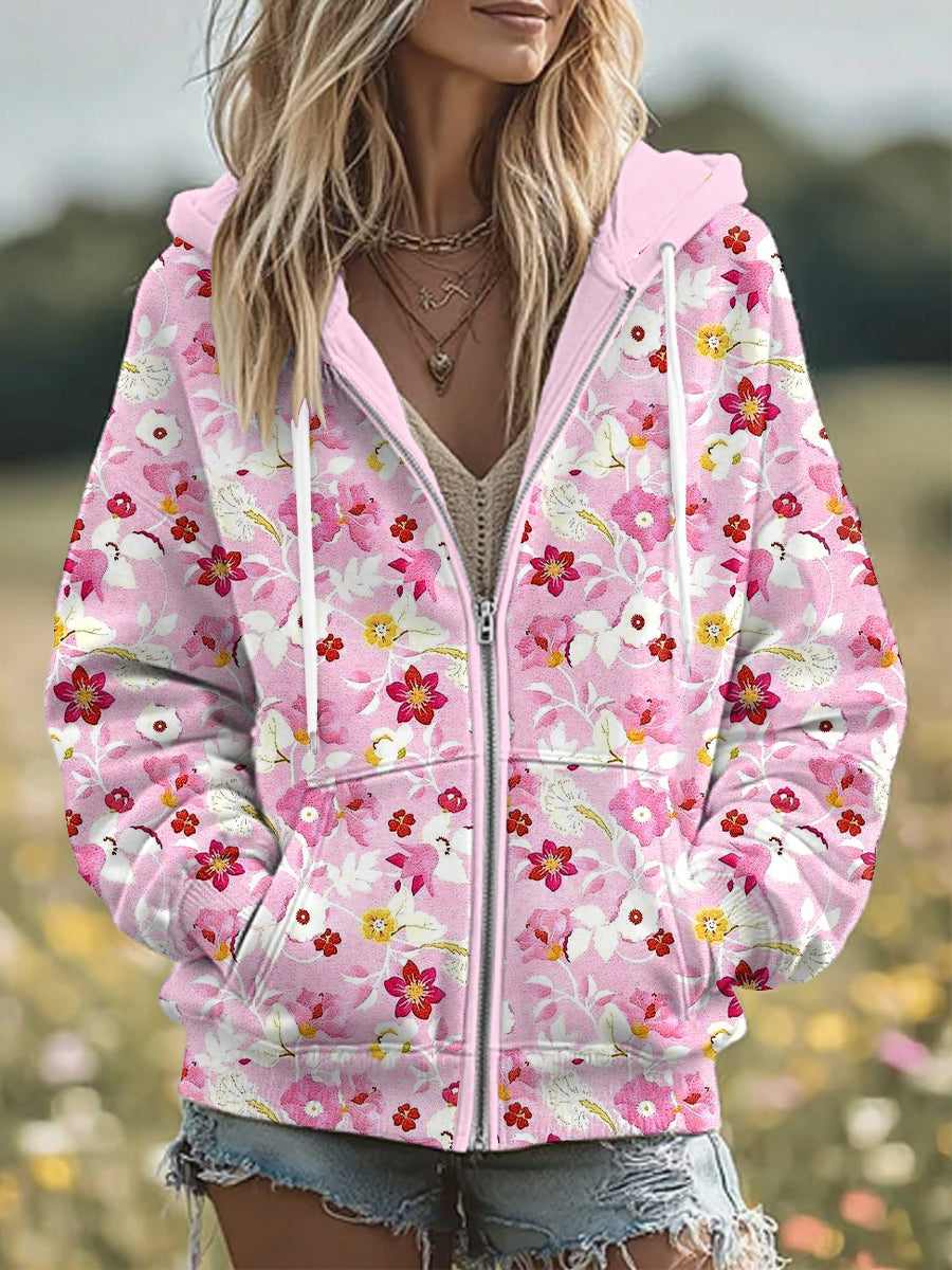 Women's Breast Cancer Flowers Print Zip-Up Hoodie