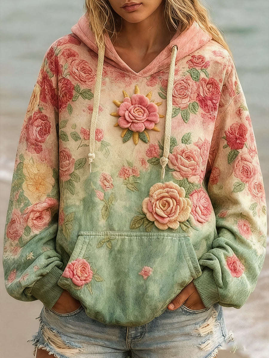 Women's Pink Floral Print Casual  Hoodie