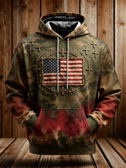 Men's Faith Cross American Flag Print Oversized Drop-Shoulder Hoodie with Pockets