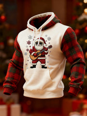 Men's Vintage Santa Claus Play Guitar Christmas Red Plaid Print Casual Hoodie