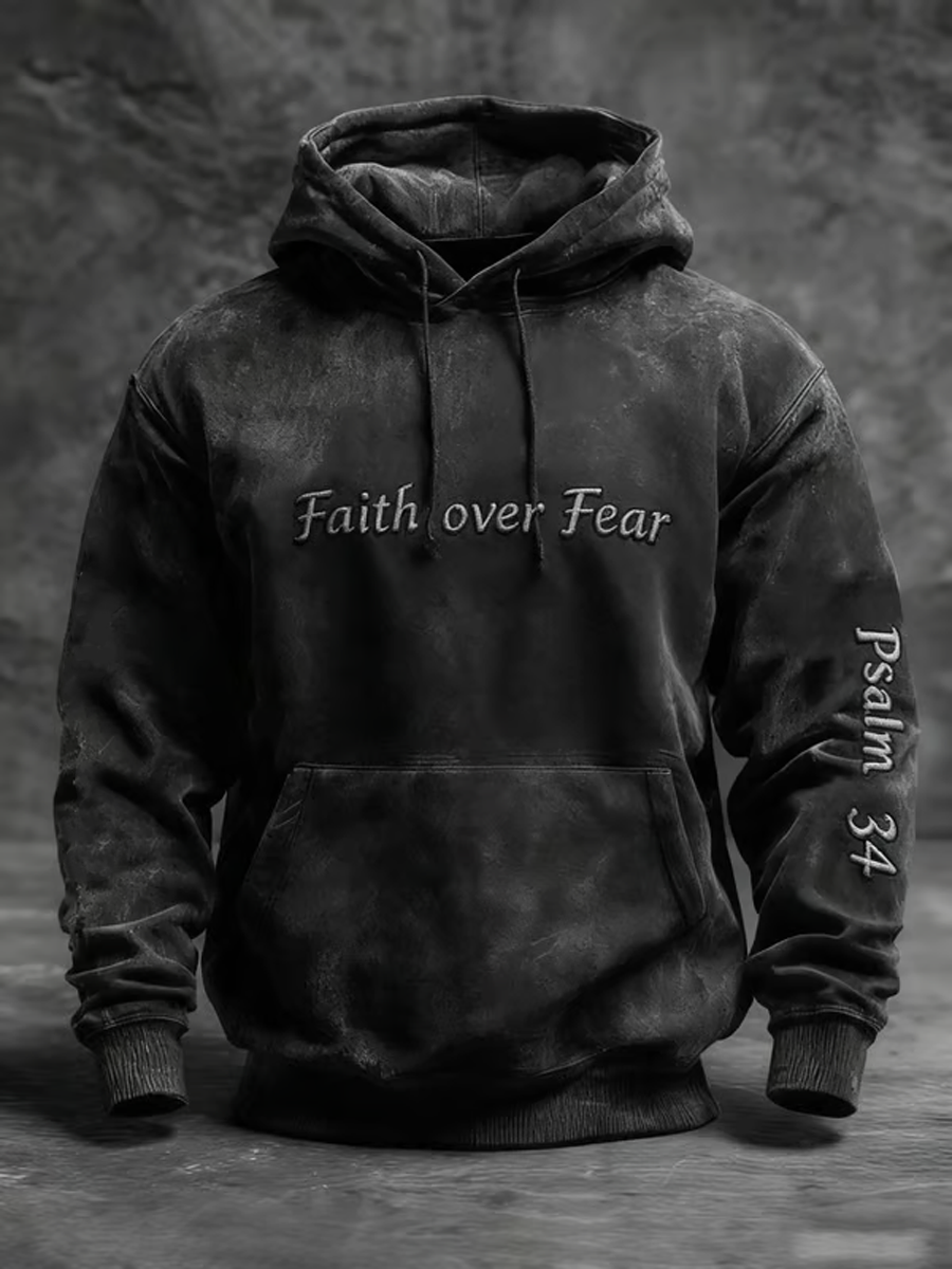 Men's Vintage Cross Faith Over Fear Psalm 34 Print Hoodie