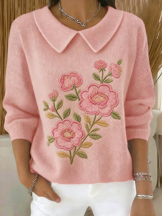 Women's Pink Floral Printed Baby Doll Collar Top