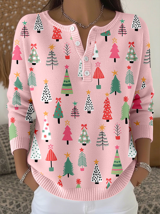 Women's Christmas Tree Art Print Cozy Knit Top