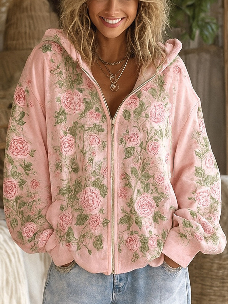 Women's Pink Floral Print Casual Cardigan