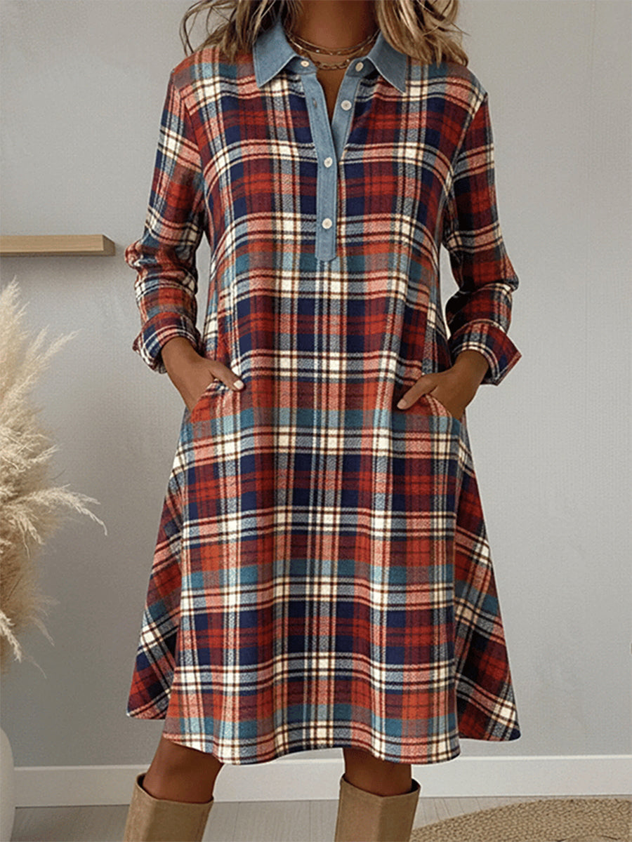 Women's Vintage Plaid Pattern Patchwork Art Dress