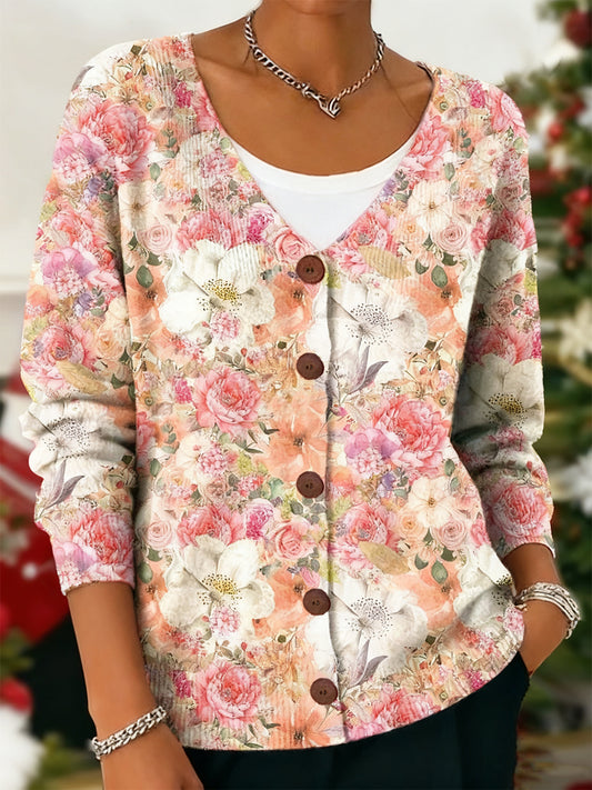 Women's Pink Floral Art Print Cardigan