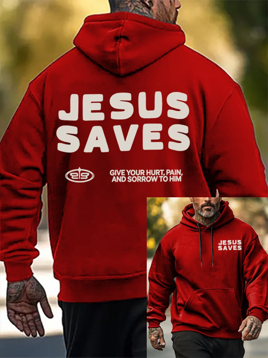 Men's Jesus Saves Faith Printed Oversized Drop-Shoulder Hoodie with Pockets