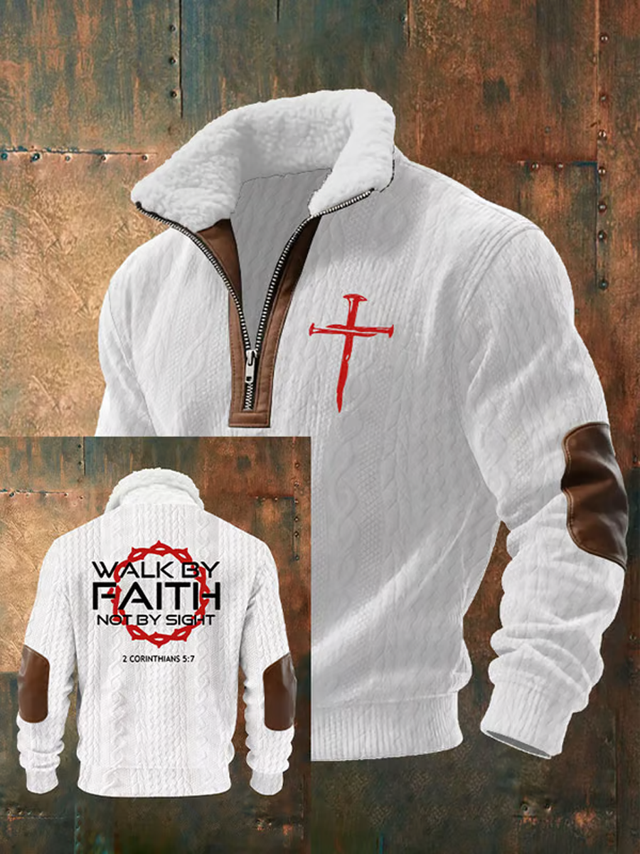 Men'S Casual Faith Jacquard Zipper Fur Collar Long Sleeve Sweatshirt