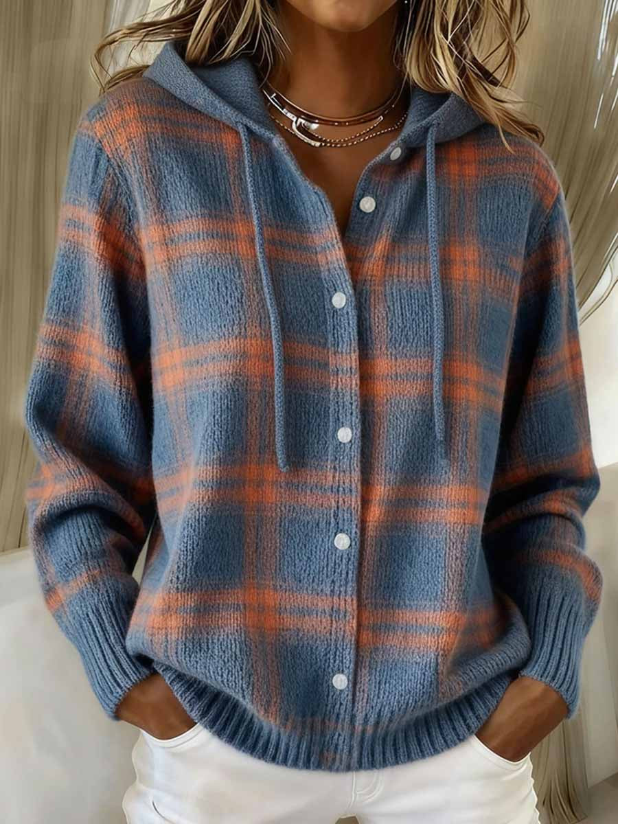 Women's Vintage Plaid Pattern Cozy Knit Hoodie Cardigan