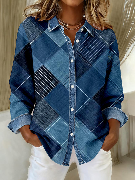 Women's Fashion Denim Patchwork Art Casual Shirt