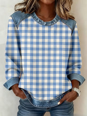 Women's Simple Plaid Pattern Denim Patchwork Sweatshirt