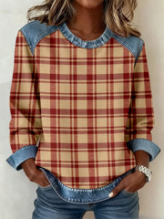 Women's Vintage Plaid Pattern Denim Patchwork Sweatshirt