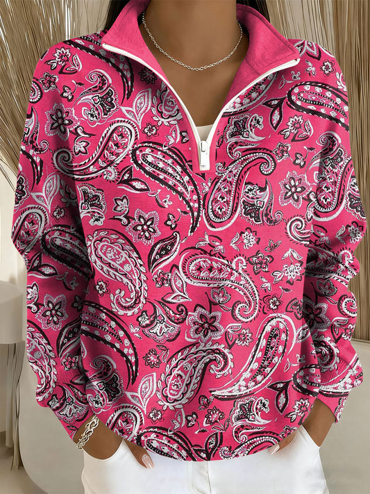Women's Breast Cancer Awareness Paisley Print Zip-Up Top