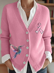 Women's Breast Cancer Awareness Pink Ribbon Print Casual Cardigan