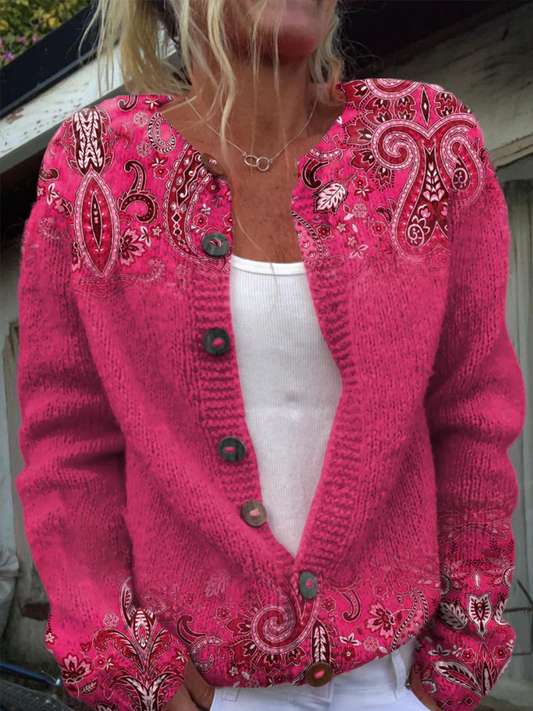 Women's Breast Cancer Awareness Paisley Print Casual Cardigan